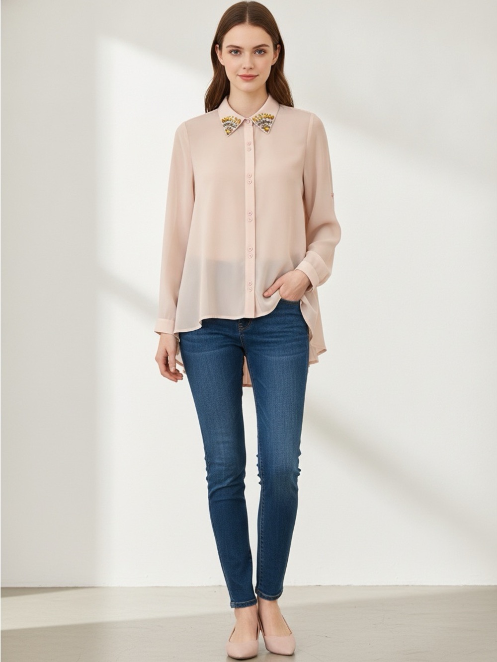 Gracia Jeweled Collar Pleated Back Sheer Blouse Blush Pink Size L